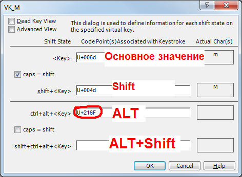 MS Keyboard Layout Creator окно редактирования всех значений кнопки
